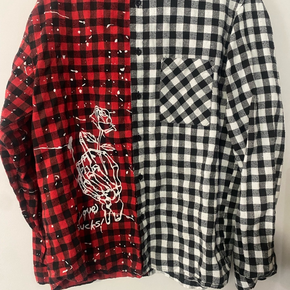 BoohooMAN Red and black plaid streetwear type Flannel w Skeleton Rose